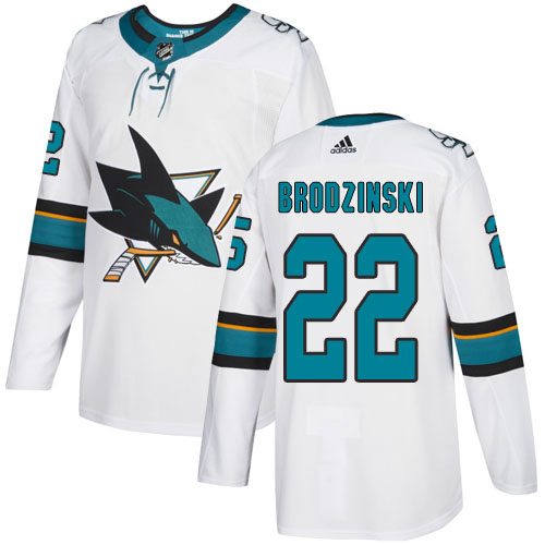 Adidas San Jose Sharks 22 Jonny Brodzinski White Road Authentic Stitched Youth NHL Jersey